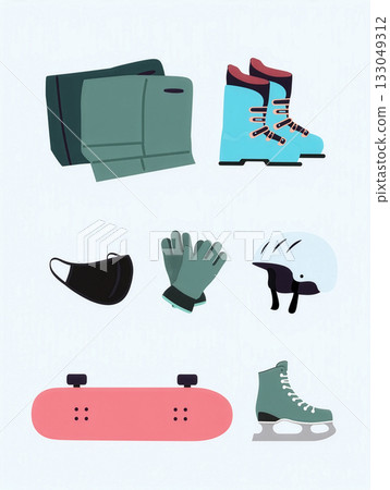 Collection of winter and sports gear including boots, skateboard, gloves, and safety equipment on a light background Collection of winter and sports gear including boots, skateboard, gloves, and safety equipment on a light background 133049312