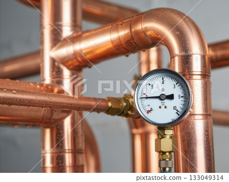 Copper plumbing system with pressure gauge showing water pressure in a residential setting during the installation process 133049314