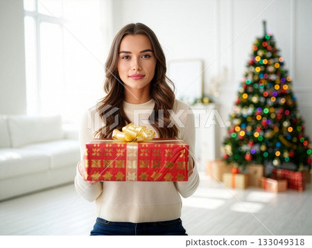 Woman holding a beautifully wrapped Christmas gift in a bright room decorated with a colorful holiday tree and festive decor 133049318