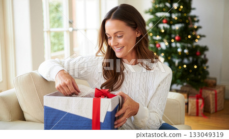 Woman opens a beautifully wrapped gift while sitting comfortably by a Christmas tree, surrounded by festive decorations and cozy atmosphere in a living room during the holiday season Woman opens a beautifully wrapped gift while sitting comfortably by a Christmas tree, surrounded by festive decorations and cozy atmosphere in a living room during the holiday season 133049319