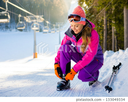 Woman enjoying a sunny day skiing while adjusting her gear at a mountain resort in winter, showcasing her vibrant outfit and cheerful demeanor Woman enjoying a sunny day skiing while adjusting her gear at a mountain resort in winter, showcasing her vibrant outfit and cheerful demeanor 133049334