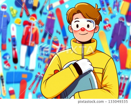 Young skier in bright yellow jacket smiles while holding a snowboard against a colorful ski gear backdrop, showcasing winter sports enthusiasm 133049335
