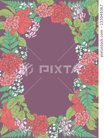 Beautiful hand drawn line art pink rose flowers and leaves vertical oval frame 133049367