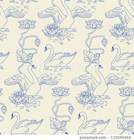 Monochrome vintage art nouveau toile hand drawn swan swimming in lake with lotus flowers seamless pattern 133049368