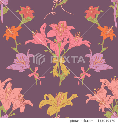 Vintage seamless pattern with hand drawn lily flowers and fancy bow knots on dark purple background Vintage seamless pattern with hand drawn lily flowers and fancy bow knots on dark purple background 133049370