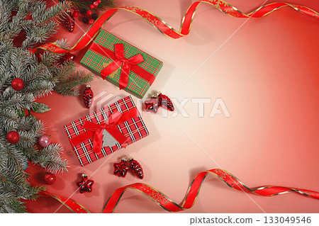 New Year's sales and shopping concept, Holiday gift boxes for a festive evening with Christmas decorations and fir branches Black Friday, advertising banner for a store and screen template New Year's sales and shopping concept, Holiday gift boxes for a festive evening with Christmas decorations and fir branches Black Friday, advertising banner for a store and screen template 133049546