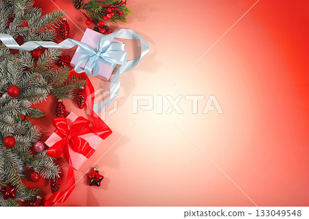 New Year's sales and shopping concept, Holiday gift boxes for a festive evening with Christmas decorations and fir branches Black Friday, advertising banner for a store and screen template New Year's sales and shopping concept, Holiday gift boxes for a festive evening with Christmas decorations and fir branches Black Friday, advertising banner for a store and screen template 133049548