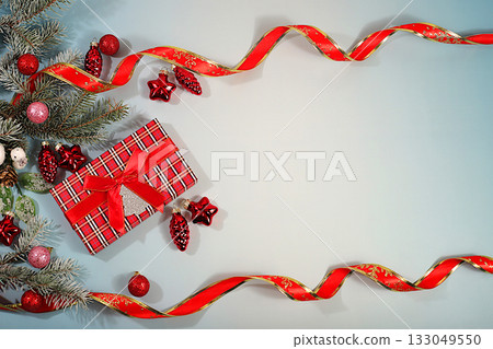 New Year's sales and shopping concept, Holiday gift boxes for a festive evening with Christmas decorations and fir branches Black Friday, advertising banner for a store and screen template New Year's sales and shopping concept, Holiday gift boxes for a festive evening with Christmas decorations and fir branches Black Friday, advertising banner for a store and screen template 133049550