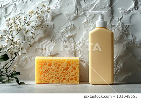 Non-toxic Sponge next to a light detergent bottle with blank labels on a background in beige colors. Bathroom cleaning. Non-toxic Sponge next to a light detergent bottle with blank labels on a background in beige colors. Bathroom cleaning. 133049555
