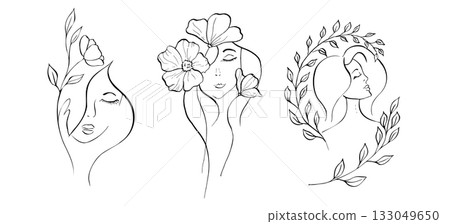 Vector Elegant female faces with delicate peony, tulip, begonia, aster, eustoma, rosehip. Hand painted linear contour flower. Graphic clipart isolated. Botanical, tattoo and wedding illustration. For Vector Elegant female faces with delicate peony, tulip, begonia, aster, eustoma, rosehip. Hand painted linear contour flower. Graphic clipart isolated. Botanical, tattoo and wedding illustration. For 133049650