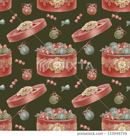 Christmas seamless pattern in vintage style round hat box with lid covered in red velvet with beige lace ribbon and lace bow brooch with Christmas tree balls and sweets in it.Watercolor illustration 133049739