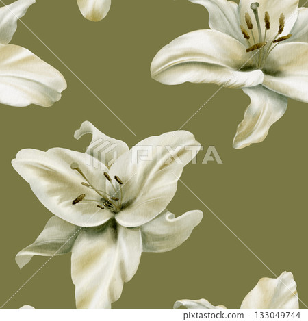 White lilies with leaves in seamless pattern on earth green background,symbolizing purity,innocence,holiness communion.Hand drawn watercolor illustration for chapel ceremonies,advertisements White lilies with leaves in seamless pattern on earth green background,symbolizing purity,innocence,holiness communion.Hand drawn watercolor illustration for chapel ceremonies,advertisements 133049744