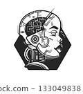 Artificial intelligence concept.Head of robot with half of female face Liner vector illustration.Future technology and machine.Electronic circuit connection.Smart cyber mind 133049838