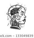 Artificial intelligence concept.Head of robot with half of female face Liner vector illustration.Future technology and machine.Electronic circuit connection.Smart cyber mind 133049839
