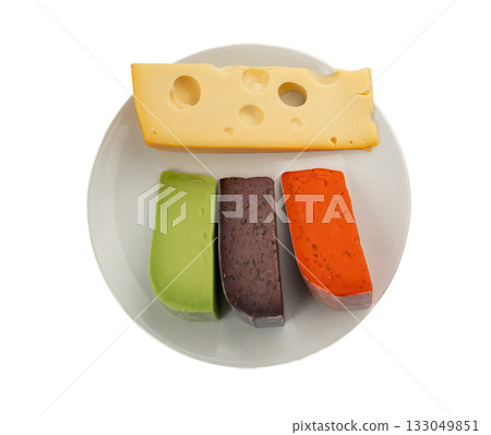Cheese plate of color cheeses variety, yellow, red, green maasdam platter, colour cheese board 133049851