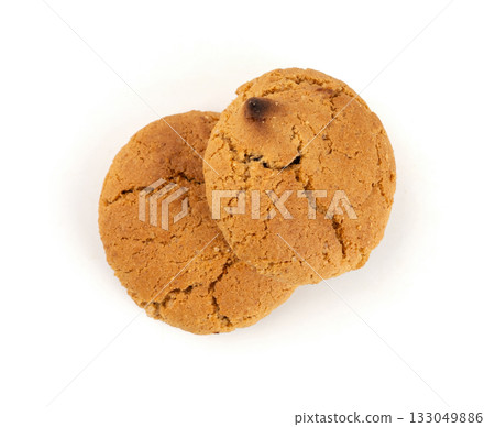 Chocolate cookies with chocolate filling isolated, brown round biscuits, broken sweet cocoa pastry 133049886