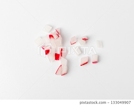 Chopped Radis Roots Isolated, Red Radish Root Cuts, Diced Red Radishes Pile, Sliced Radis on White Background 133049907