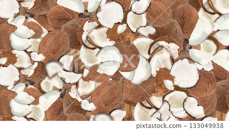 Whole and broken coconuts pattern, coco nut pieces textured background Whole and broken coconuts pattern, coco nut pieces textured background 133049938