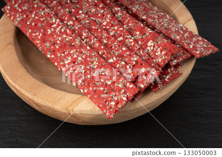 Beetroot crackers, thin rusk beet root bread, red diet multigrain crispbread, various seeds Beetroot crackers, thin rusk beet root bread, red diet multigrain crispbread, various seeds 133050003