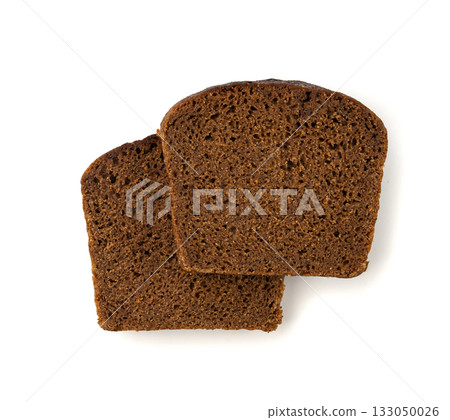 Black rye bread isolated, dark brown sliced loaf, sourdough borodinsky rugbrod square slices 133050026