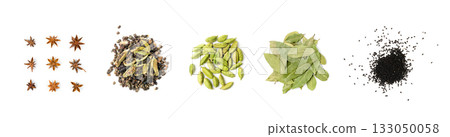 Various spices isolated. Dry indian seasoning collection, assorted condiment set, spice herbs 133050058