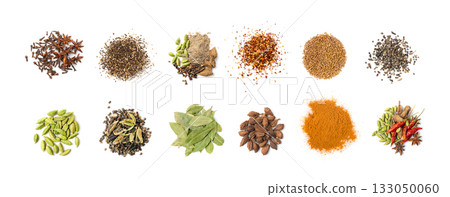Various spices isolated. Dry indian seasoning collection, assorted condiment set, spice herbs 133050060