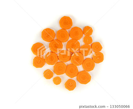 Round carrot slices isolated. Sweet orange vegetable cuts, fresh carrot circles pile 133050066