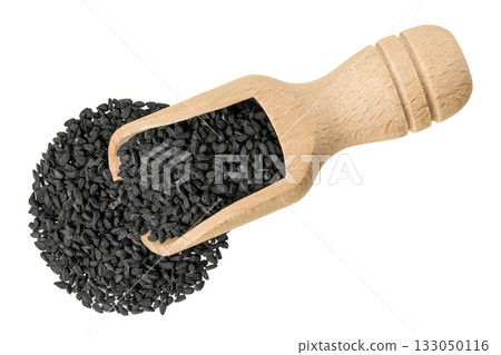 Nigella sativa or Black cumin in wooden scoop isolated on white background. Top view. Flat lay Nigella sativa or Black cumin in wooden scoop isolated on white background. Top view. Flat lay 133050116