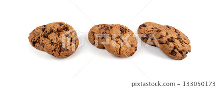 Chocolate chips cookies isolated, American biscuits, cocoa confectionery cake, sweet morsels bakery 133050173