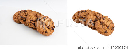 Chocolate chips cookies isolated, American biscuits, cocoa confectionery cake, sweet morsels bakery 133050174