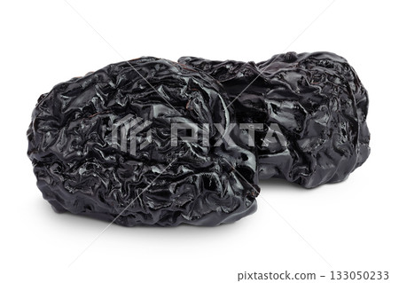 Prunes isolated on white background, heap of dried plums 133050233