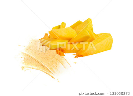 Yellow pumpkin scrub texture smear isolated. Creamy face cosmetic swatch Yellow pumpkin scrub texture smear isolated. Creamy face cosmetic swatch 133050273