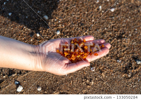 Amber stones on sea coast. Amber gems search on Baltic sea shore, fossilized tree resin crystals on sand 133050284