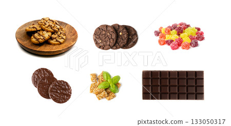 Assorted cakes set isolated. Many biscuit desserts, sweet bakery collage, cookie collection Assorted cakes set isolated. Many biscuit desserts, sweet bakery collage, cookie collection 133050317