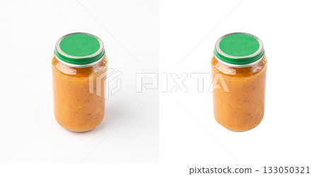 Baby Food Jar Isolated, Kid Puree Glass Bottle, Healthy Child Nutrition, Toddler Diet, Small Jar with Baby Food Baby Food Jar Isolated, Kid Puree Glass Bottle, Healthy Child Nutrition, Toddler Diet, Small Jar with Baby Food 133050321