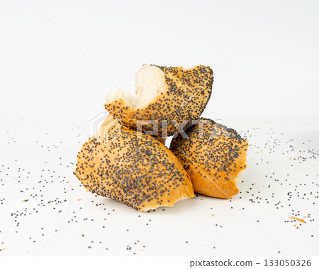 Broken Poppy Seed Bagel Isolated, Round Bread Bun, Poppyseed Wheat Bakery Pieces for Breakfast 133050326