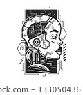 girl in futuristic armor with helmet, vintage logo line art concept black and white color, hand drawn 133050436
