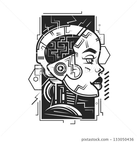 girl in futuristic armor with helmet, vintage logo line art concept black and white color, hand drawn 133050436