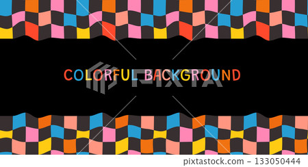 Colorful wavy check vector background for banners, posters for kids designs, Orange, blue, yellow on black check pattern 133050444