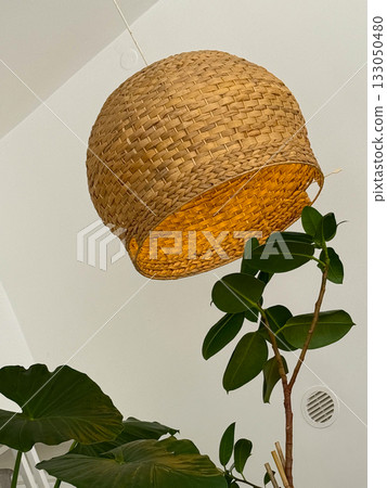 Woven wicker lampshade and green indoor plant against white wall. Natural texture, cozy lighting, and eco-friendly interior style. 133050480