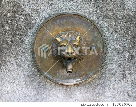 Decorative lion head fountain spout on stone wall. Historic architecture, craftsmanship, and symbolic expression of power and culture. Decorative lion head fountain spout on stone wall. Historic architecture, craftsmanship, and symbolic expression of power and culture. 133050703
