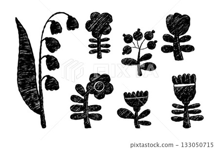Black Crayon Flowers. Folk Art. Floral Elements Silhouette set. Isolated Textured hand-drawn doodles. Primitive stylized vector drawings. Not AI 133050715
