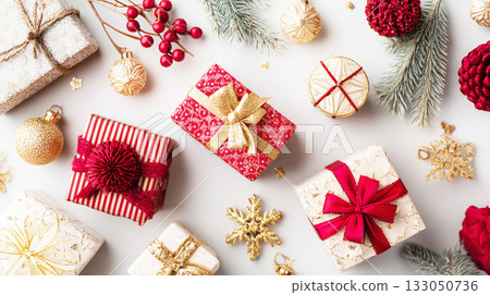 Christmas gift background decorated with gold ribbons and ornaments 133050736