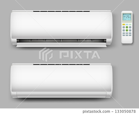 Air conditioner set with remote control. Air conditioning off and on regime for home. 133050878