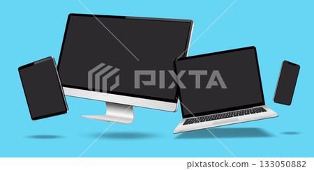 Realistic computer, laptop, and tablet mockup with blank screens. Digital devices levitation on blue background. Realistic computer, laptop, and tablet mockup with blank screens. Digital devices levitation on blue background. 133050882