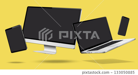 Computer, laptop, smartphone and tablet while levitating in the air on a yellow background Computer, laptop, smartphone and tablet while levitating in the air on a yellow background 133050885