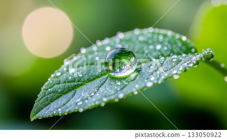 A macro capture shows a solitary, transparent dew drop resting on a green leaf. Other smaller dew drops surround the main drop on the textured leaf, with a blurred background. 133050922