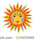 Decorative sun face illustration with floral rays in vibrant folk art style on white background 133050948