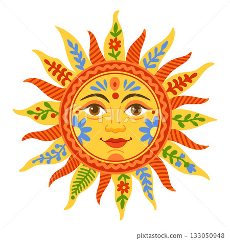 Decorative sun face illustration with floral rays in vibrant folk art style on white background Decorative sun face illustration with floral rays in vibrant folk art style on white background 133050948