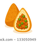 Crispy Sicilian arancini cut open to reveal tasty rice, peas, and meat sauce in vector flat design 133050949
